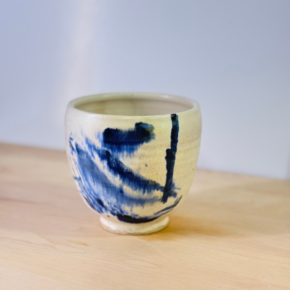 Handmade Studio Pottery Tea Bowl Blue Abstract Cobalt Glaze Signed 4.5"